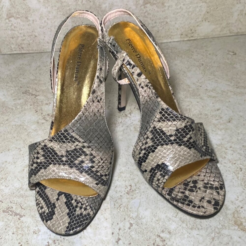 Pierre Dumas Womens Faux Snakeskin Open-Toe Slingback Heels Size 10 Gold Insole